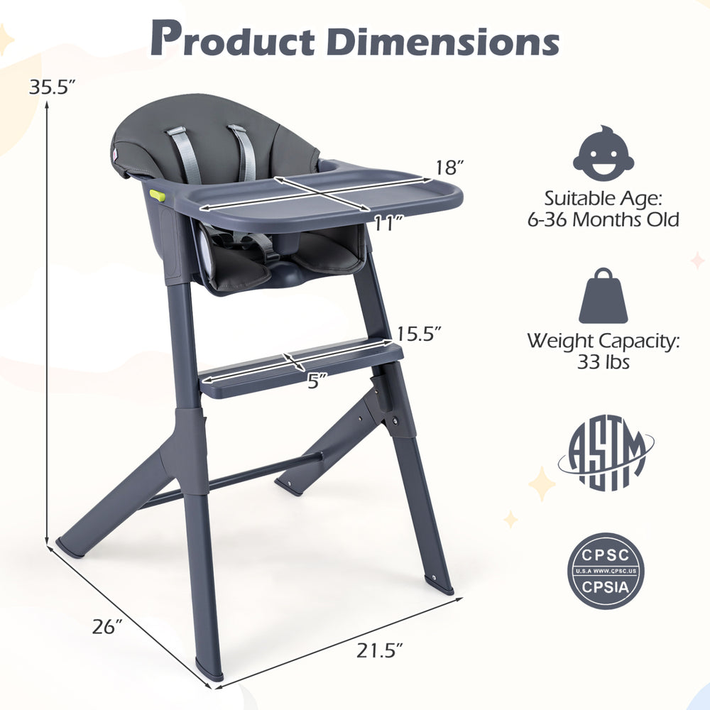 3-in-1 washable baby high chair in gray with adjustable tray, built-in footrest, and sturdy metal legs for stability.
