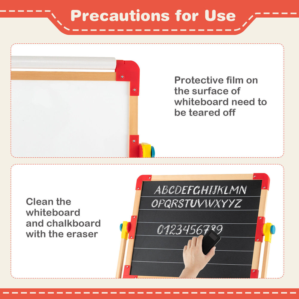 Close-up of the 3-in-1 wooden art easel for kids, showing the protective film on the whiteboard surface before use.