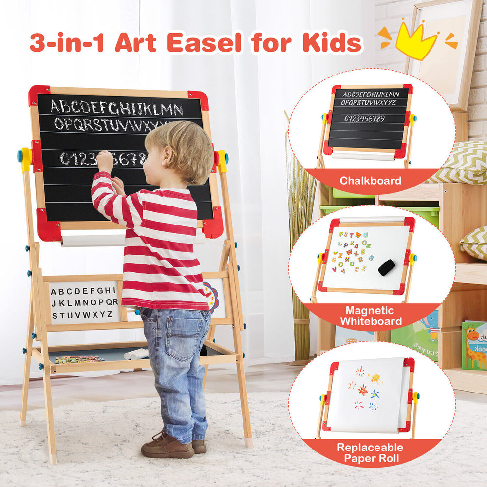 3-in-1 wooden art easel for kids featuring a chalkboard, whiteboard, and replaceable paper roll for creative play.
