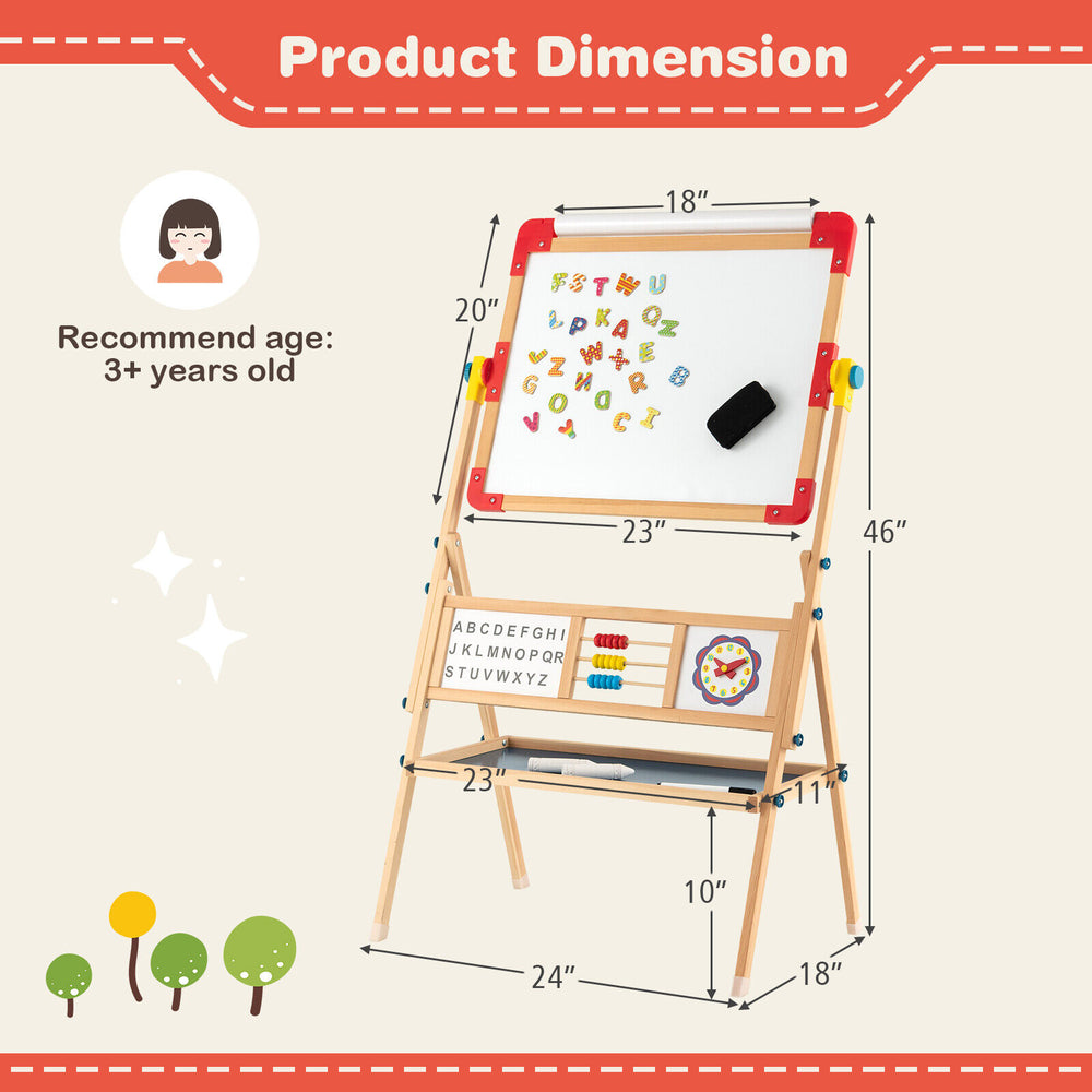 3-in-1 wooden art easel for kids with drawing paper roll, featuring a double-sided board and educational accessories.