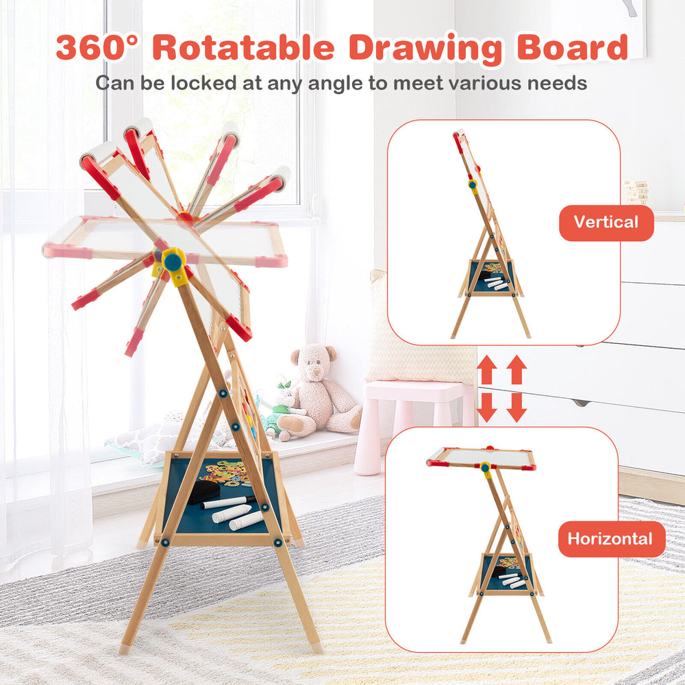3-in-1 wooden art easel for kids, featuring a rotatable double-sided board and paper roll for creative play and.