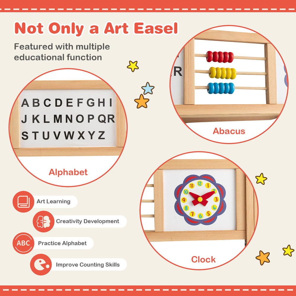 3-in-1 wooden art easel for kids featuring alphabet, abacus, and clock for educational play and creativity.