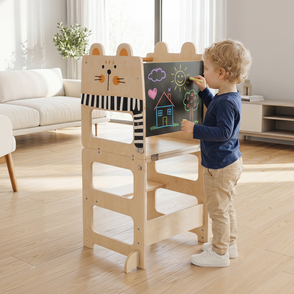 Wooden 3-in-1 kids' step stool with blackboard and cat design, perfect for creative play and enhancing independence.