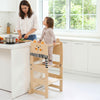 Wooden kids' kitchen step stool with blackboard-cat design, sturdy solid wood, encourages creative play and independence.