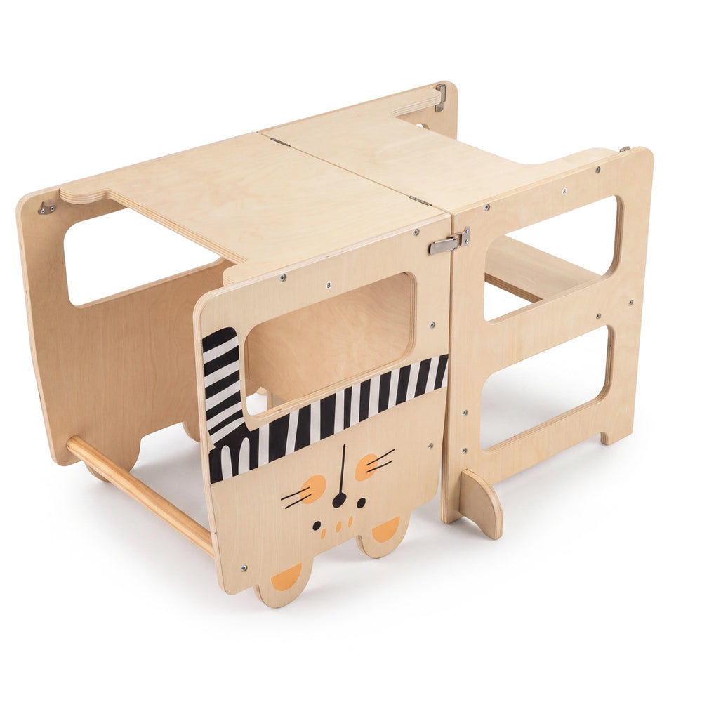 Wooden 3-in-1 kids' step stool with a cat design, featuring a chalkboard for creative play and sturdy construction.