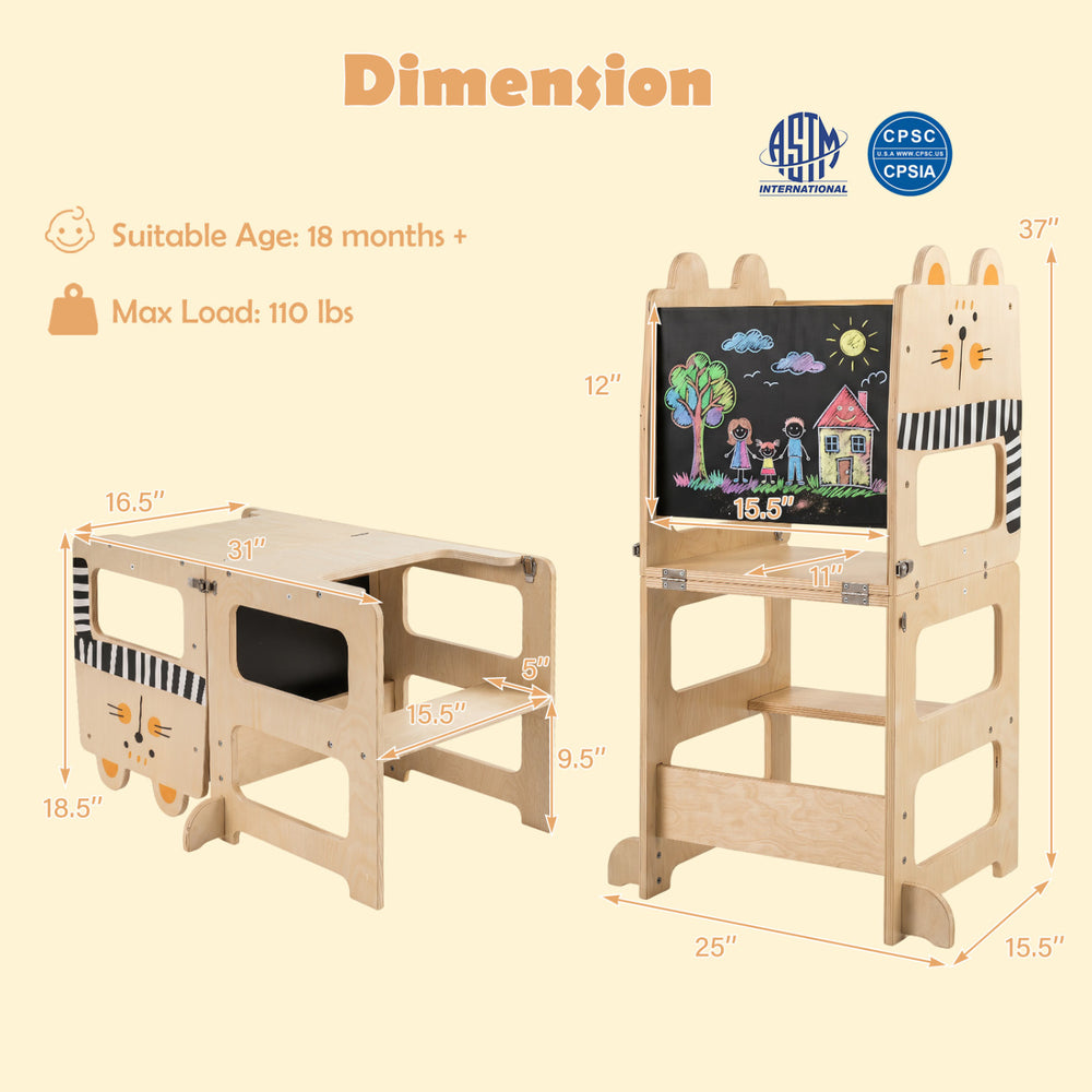 3-in-1 wooden kids toddler kitchen step stool with blackboard-cat design, suitable for creative play and stability.