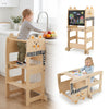 Wooden 3-in-1 kids step stool with integrated chalkboard and safety guardrail, perfect for creative play and independence.