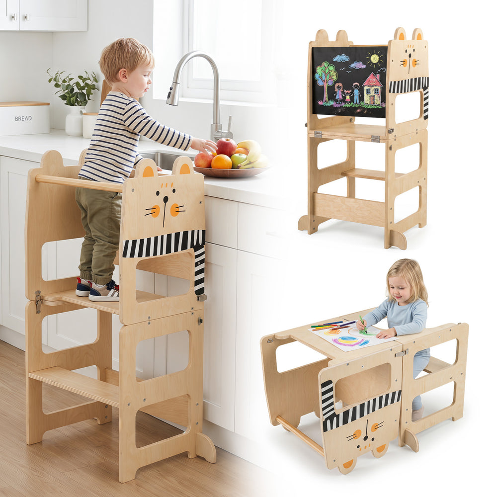 Wooden 3-in-1 kids step stool with integrated chalkboard and safety guardrail, perfect for creative play and independence.