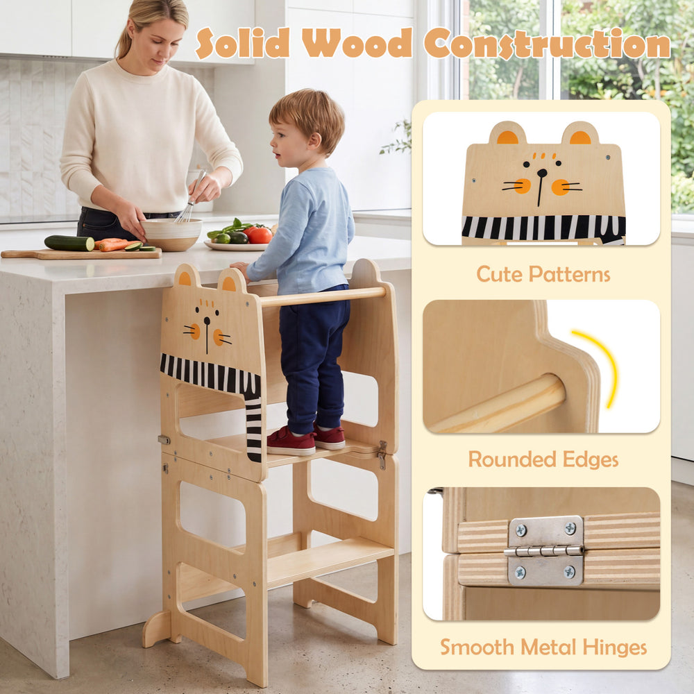 Wooden kids' step stool with cat design, solid wood construction, and integrated chalkboard for creative play.