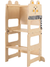 Wooden kids' 3-in-1 kitchen step stool with blackboard, featuring a stable A-shaped design and cute animal patterns for safety.