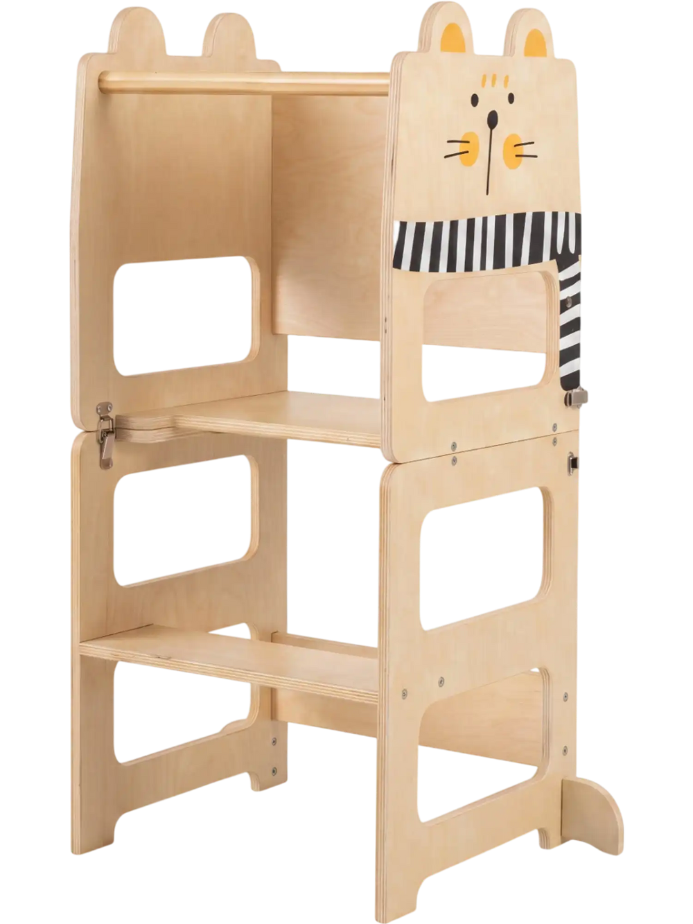 Wooden kids' 3-in-1 kitchen step stool with blackboard, featuring a stable A-shaped design and cute animal patterns for safety.