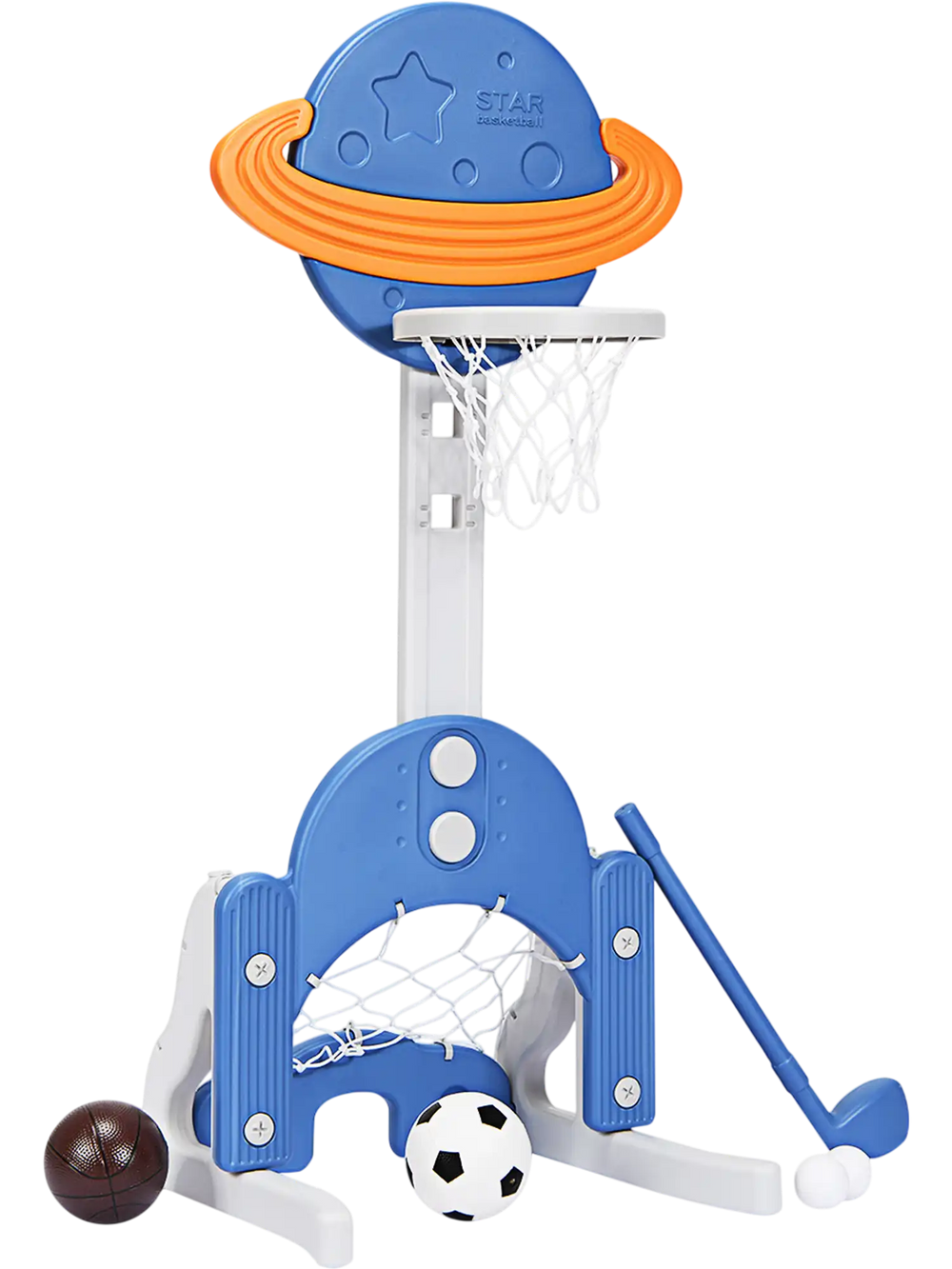 Height adjustable kids basketball hoop set in blue with planet backboard and three balls, perfect for indoor and.