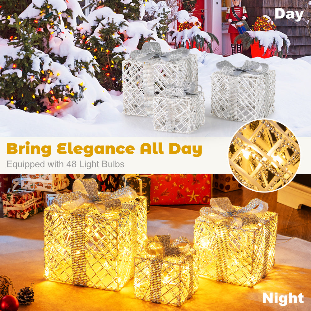 Set of three lighted Christmas gift boxes with 50 LED lights, featuring detachable bows for indoor and outdoor decor.