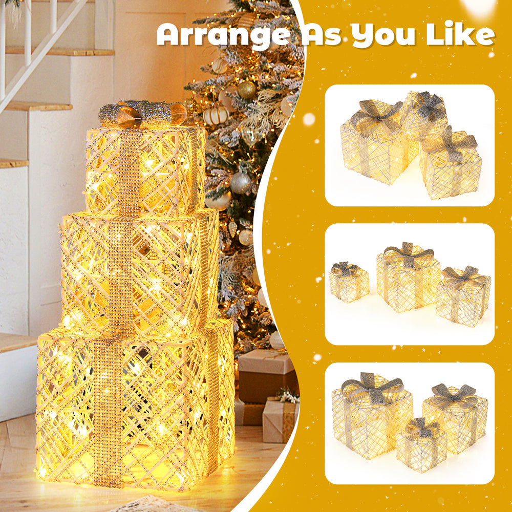 Three lighted Christmas gift boxes with 50 LED lights, featuring detachable bows, for elegant indoor and outdoor.