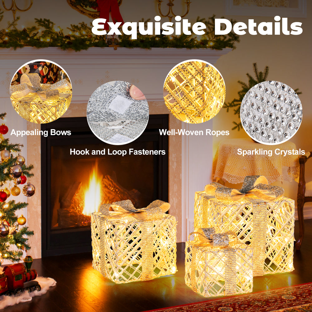 Lighted Christmas gift boxes with 50 LED lights, detachable bows, and elegant woven ropes for indoor or outdoor decor.