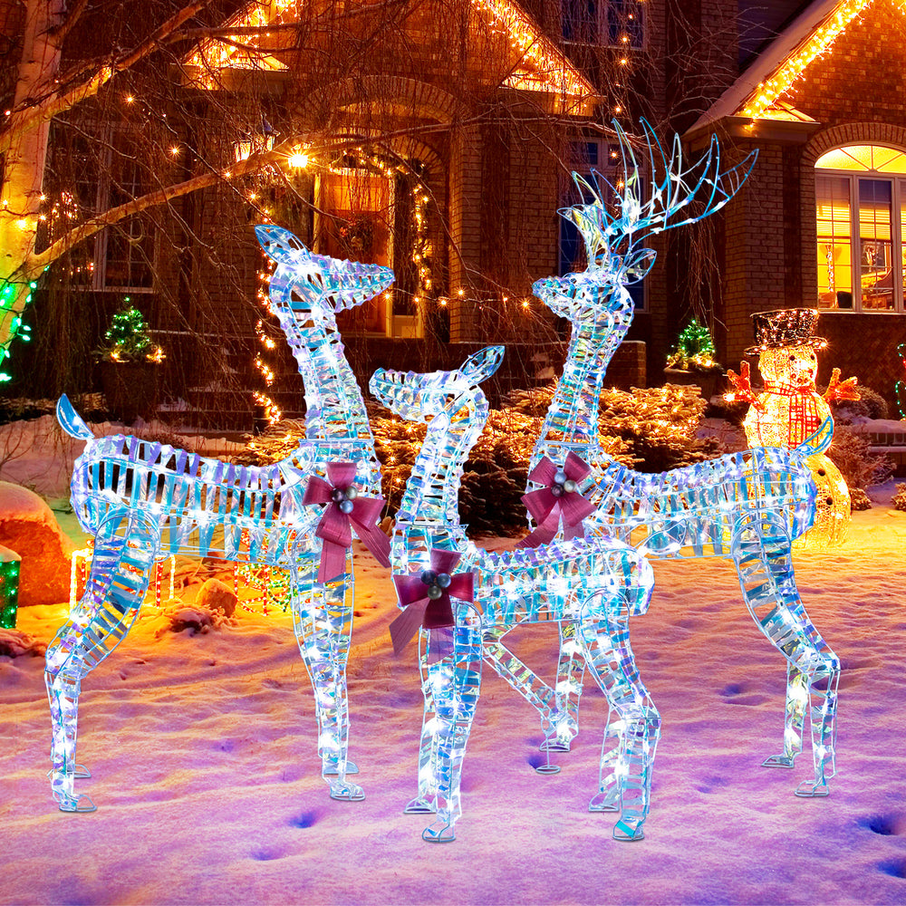 Large lighted Christmas reindeer family with 230 LED lights, featuring a 5 ft buck, 4 ft doe, and 3 ft fawn for festive.