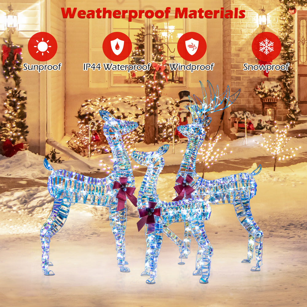 Lighted Christmas reindeer family set with 230 LED lights, IP44 waterproof, perfect for outdoor holiday decoration.