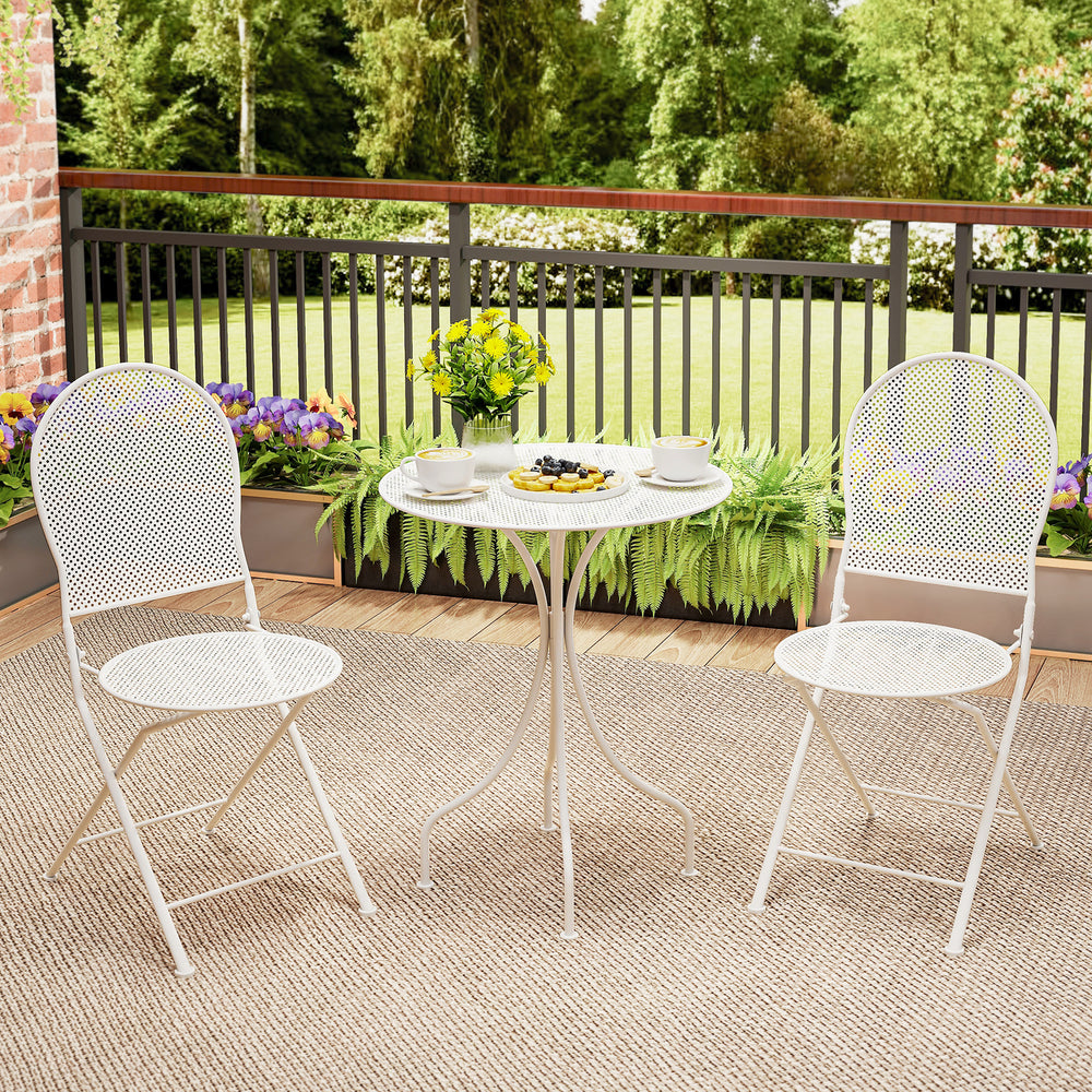 White 3-piece metal bistro set featuring a round table and two folding chairs, perfect for outdoor patio use.