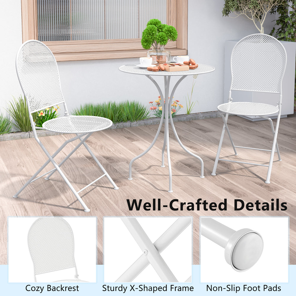 White 3-piece metal bistro set featuring a round table and 2 folding chairs with cozy backrests, ideal for indoor and.