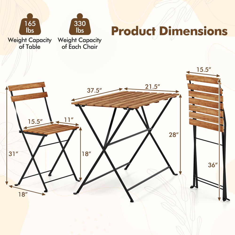 Dimensions of the 5 Piece Patio Acacia Wood Dining Set with 4 Folding Chairs, showcasing table and chair measurements.