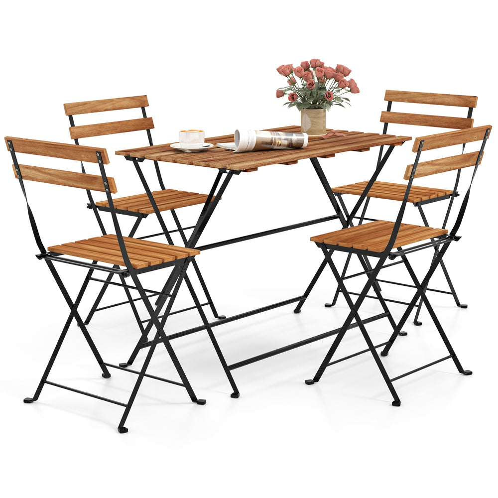 5-piece patio dining set featuring acacia wood table and 4 folding chairs, perfect for outdoor use.