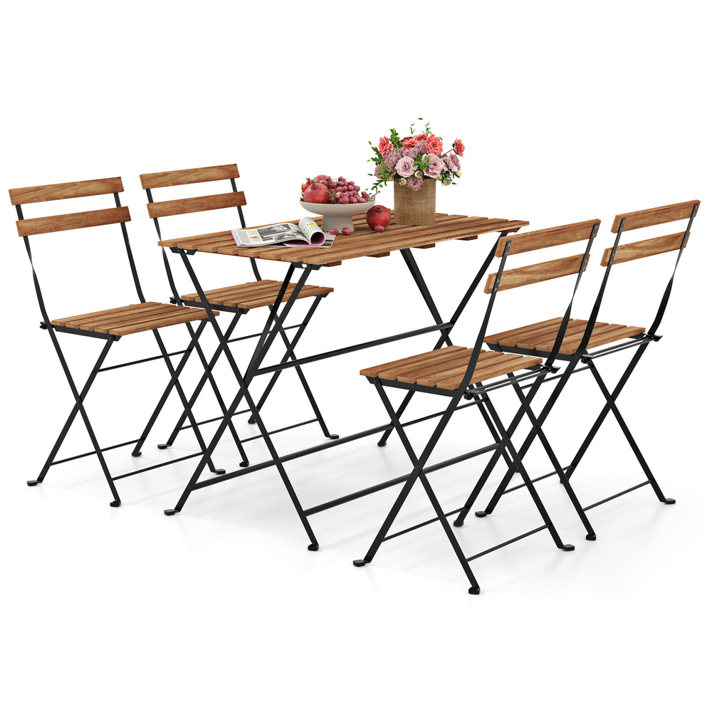 5-piece patio dining set featuring acacia wood tabletop and 4 folding chairs, perfect for outdoor gatherings.