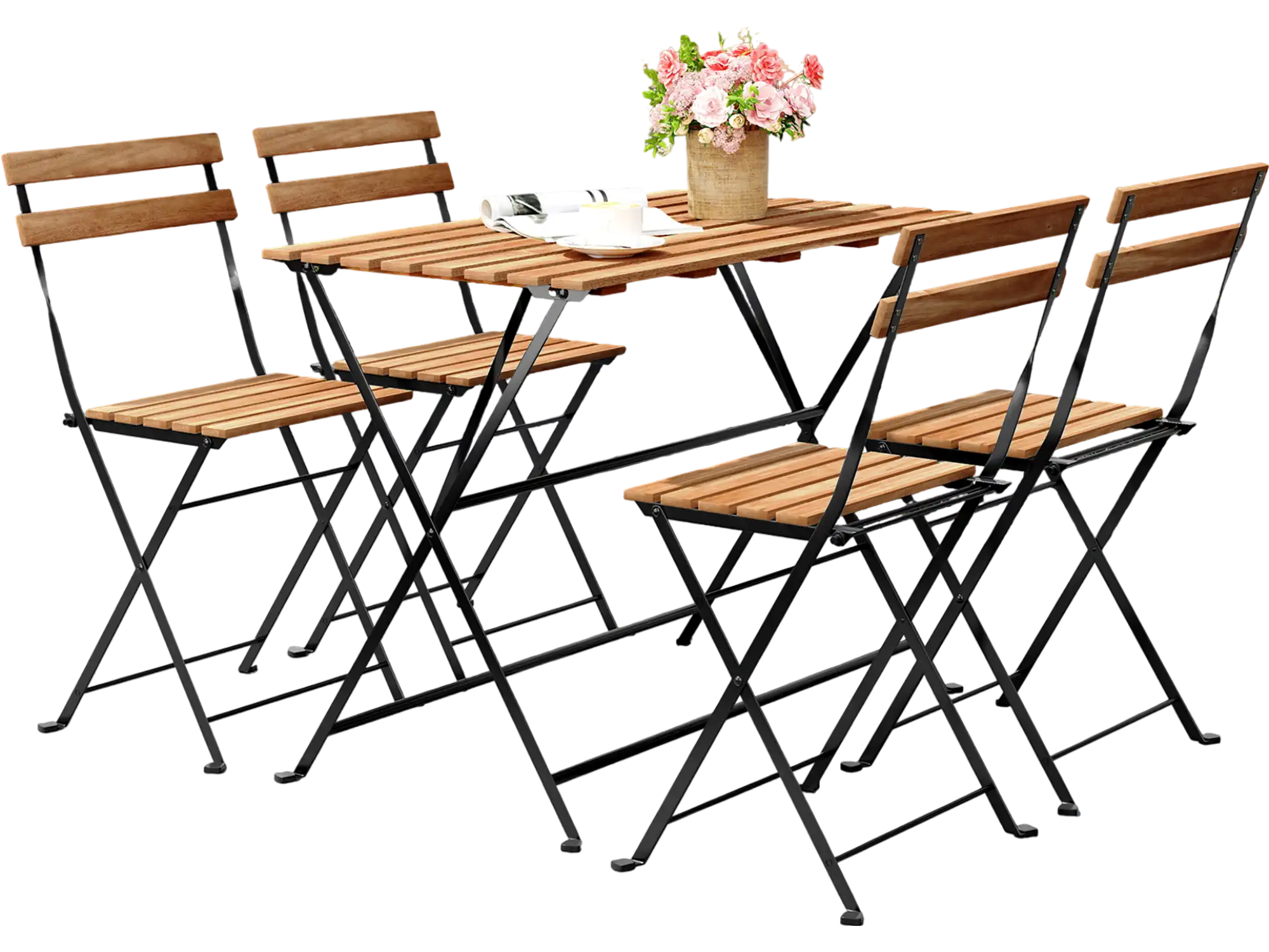 Costway 5-Piece Patio Acacia Wood Dining Set w/ 4 Folding Chairs Brown 486923571 New