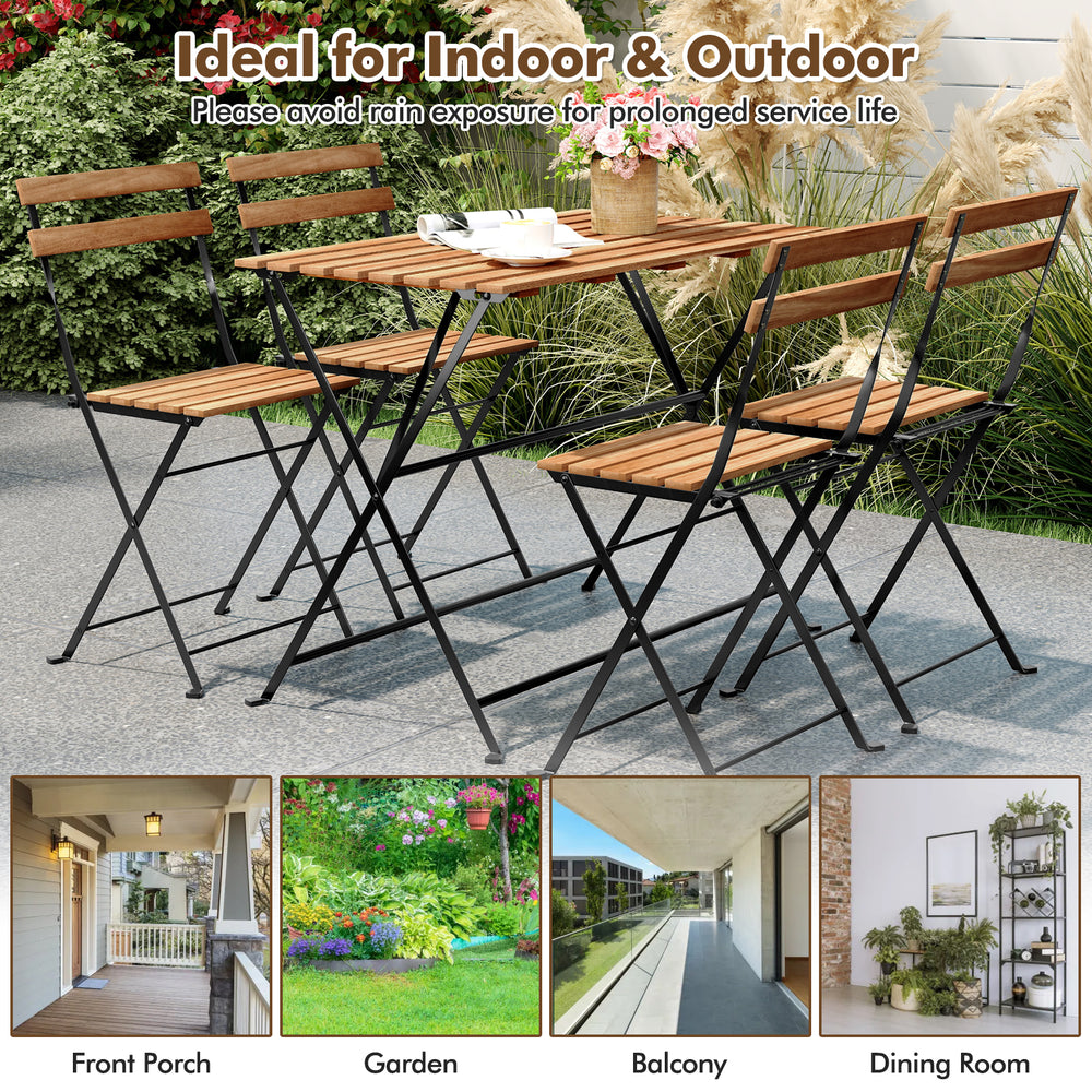 5-piece patio dining set featuring a brown acacia wood table and 4 folding chairs, ideal for indoor and outdoor use.