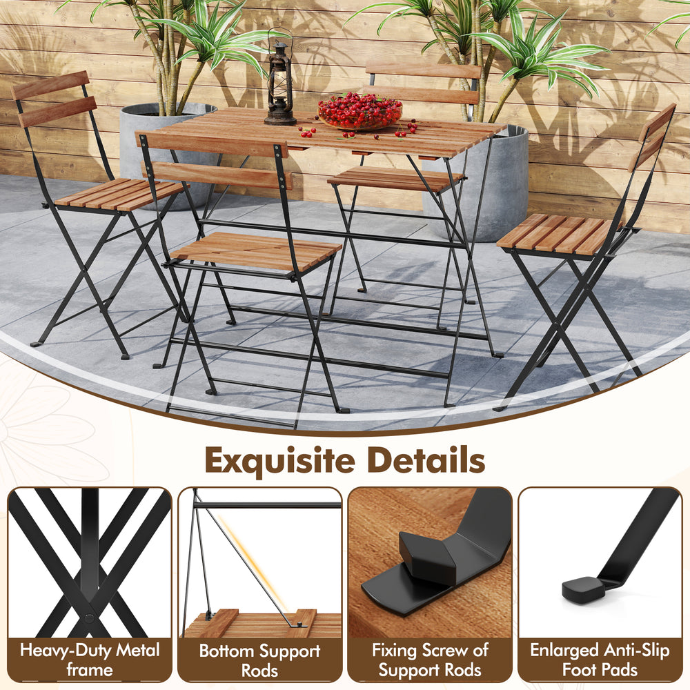 5-piece patio dining set featuring acacia wood tabletop and folding chairs with a stable metal frame for outdoor use.