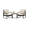 Two cushioned patio chairs with acacia wood armrests and a square table, perfect for backyard relaxation.