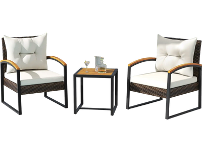 Costway 3 Piece Patio Conversation Set Wicker Acacia Wood Armrests Tabletop White 84297653 New