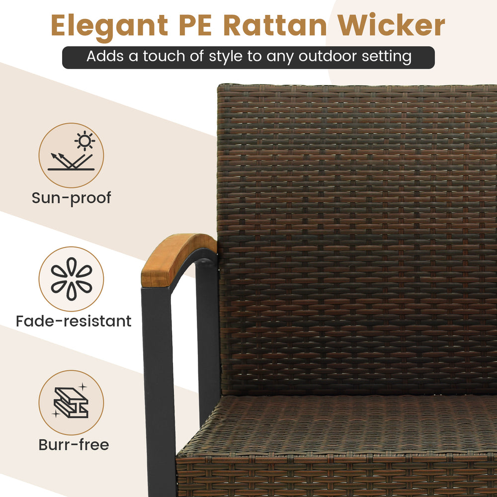 Close-up of the 3 Piece Patio Conversation Set showcasing the elegant PE rattan wicker and acacia wood armrests for.