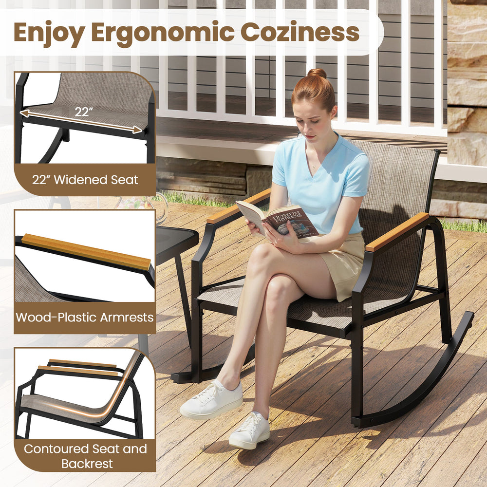 Ergonomic patio rocking chair with wood-plastic armrests and breathable fabric, perfect for backyard relaxation.