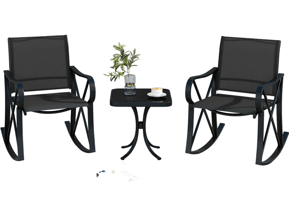 Black 3-piece patio rocking set featuring two chairs and a side table, perfect for backyard relaxation by the pool.