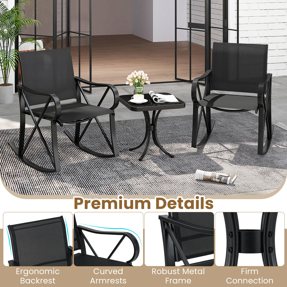 3 piece black patio rocking set featuring ergonomic chairs and a tempered glass side table, perfect for outdoor.
