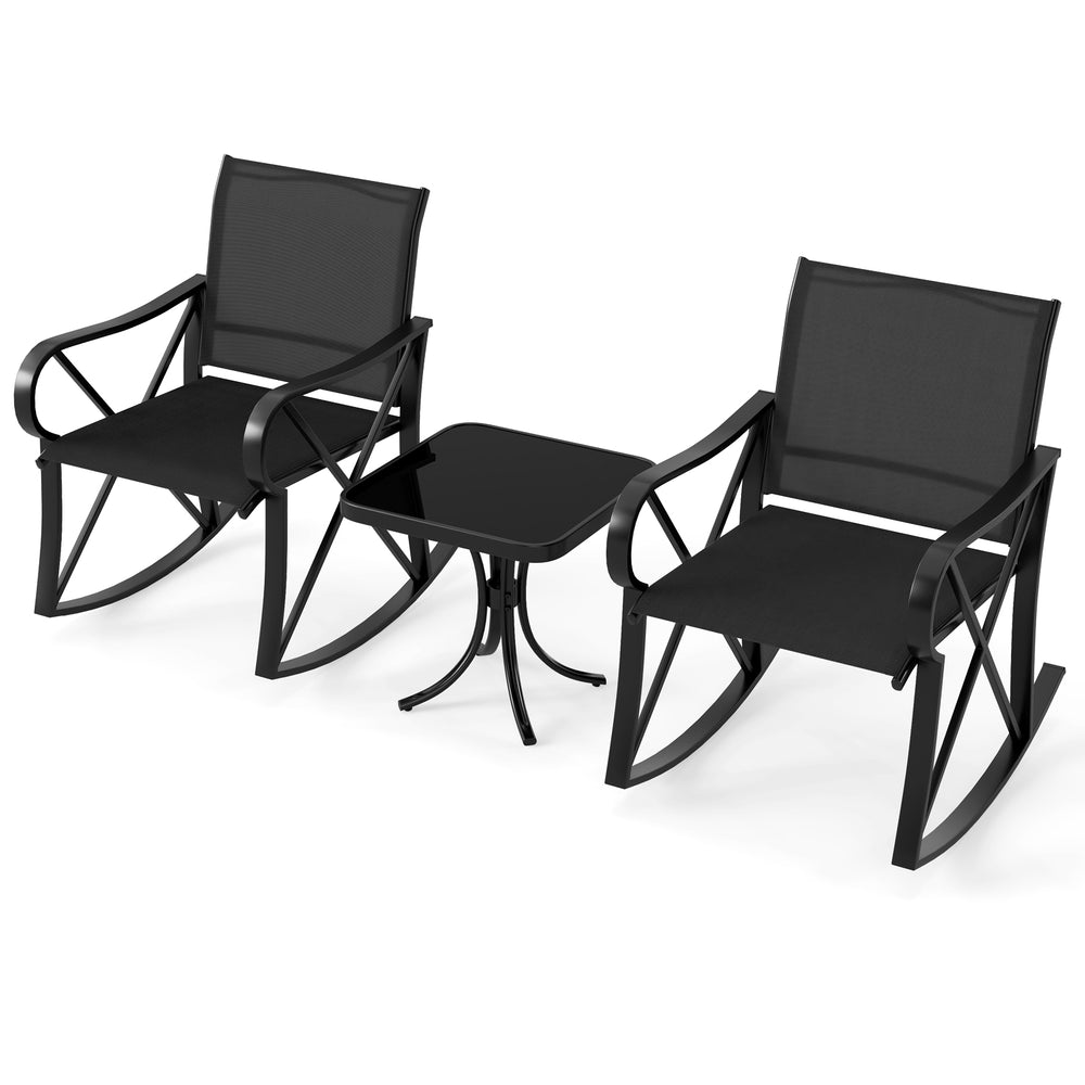Black rocking chair with breathable fabric and anti-slip pads, designed for comfortable outdoor relaxation.
