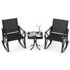 Black 3-piece patio rocking set featuring two chairs and a stylish side table, perfect for outdoor relaxation.