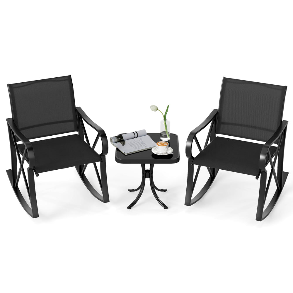 Black 3-piece patio rocking set featuring two chairs and a stylish side table, perfect for outdoor relaxation.
