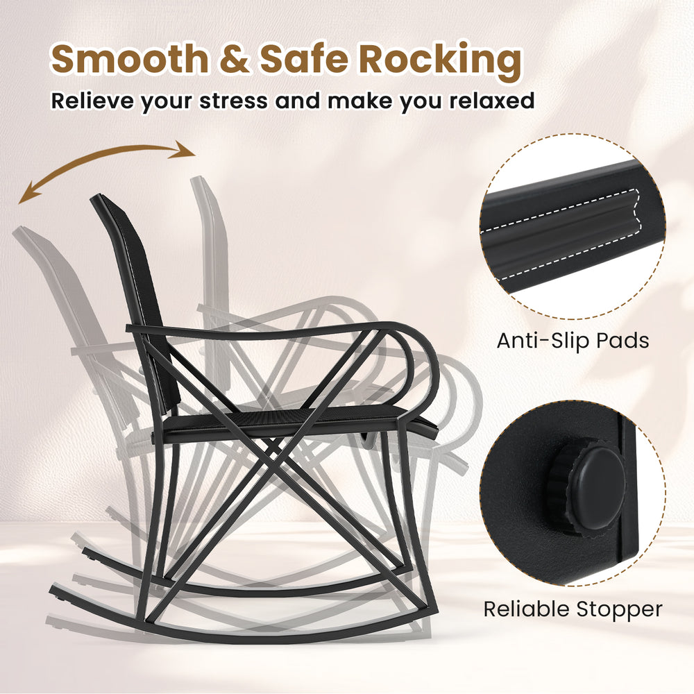 Black patio rocking chair with smooth rocking motion, anti-slip pads, and heavy-duty metal frame for outdoor relaxation.