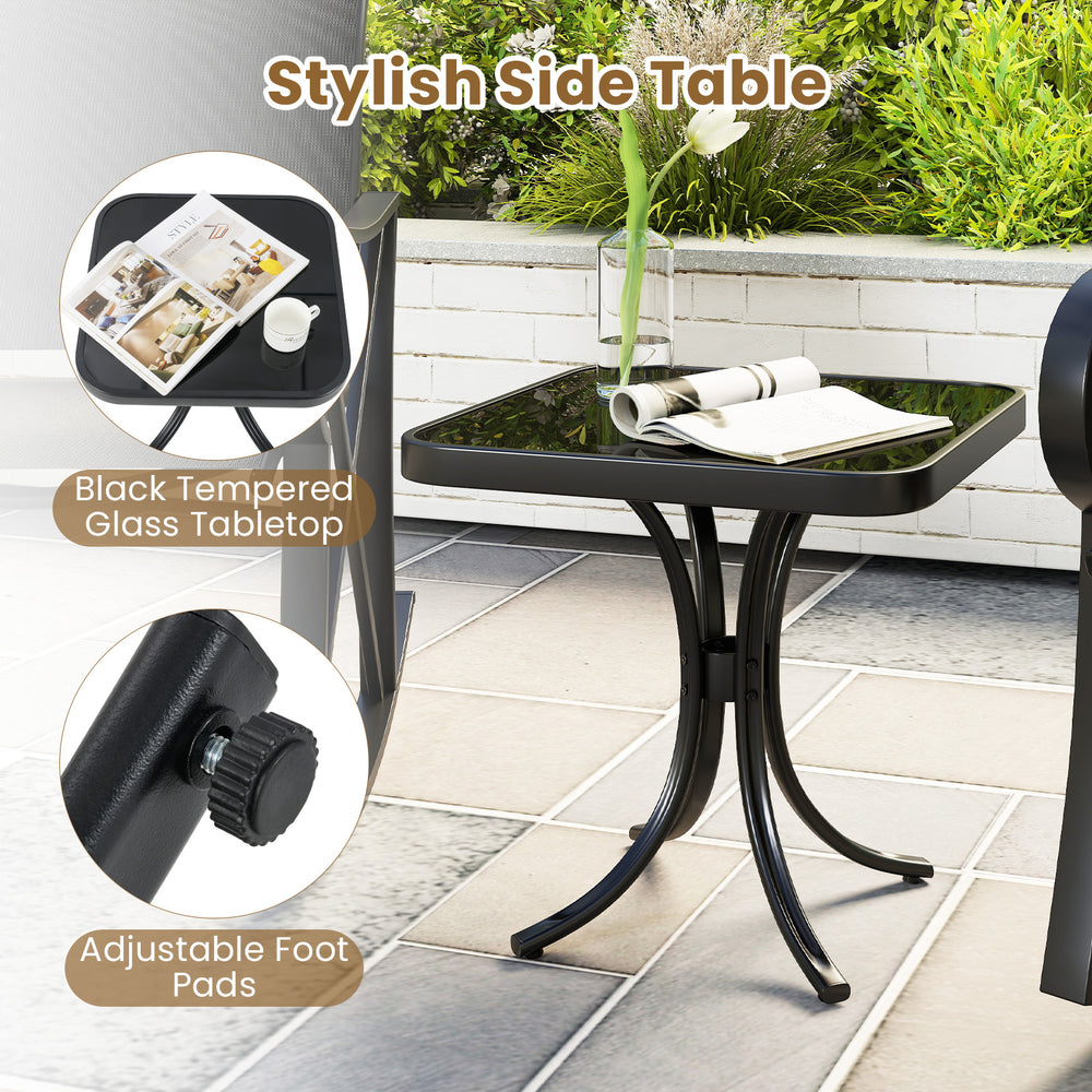 Black tempered glass side table with adjustable foot pads, perfect for outdoor patio use with the rocking chair set.