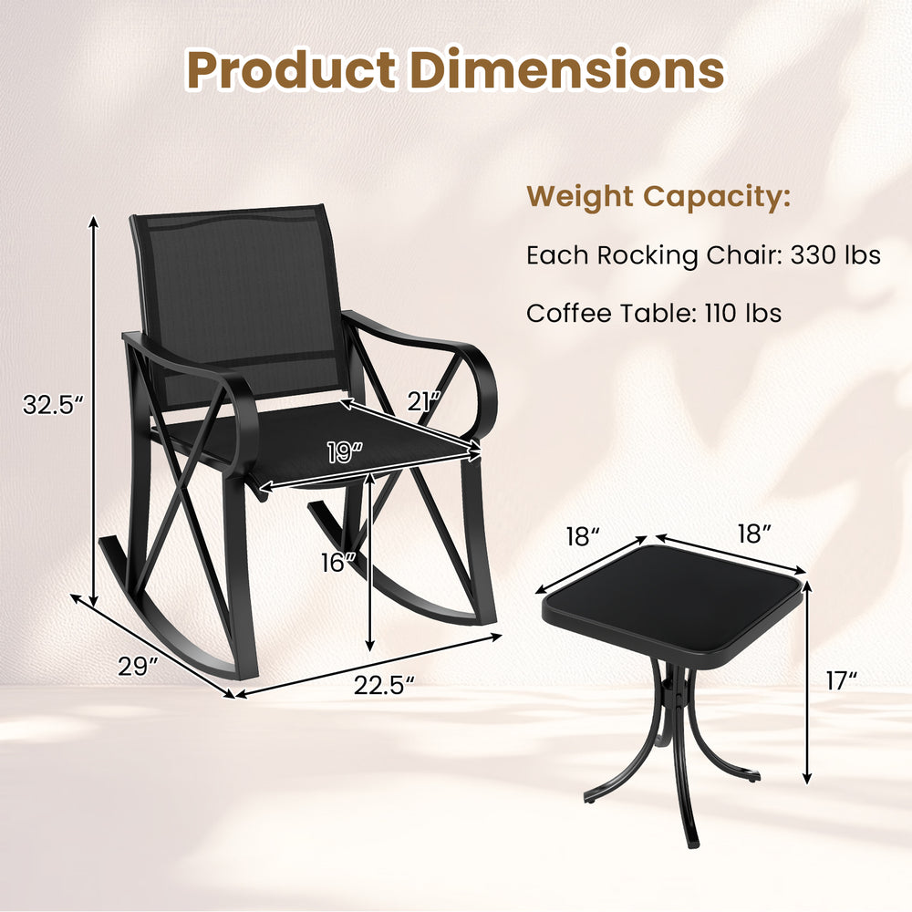 Dimensions of the 3 Piece Patio Rocking Set, featuring a black rocking chair and elegant side table for outdoor use.