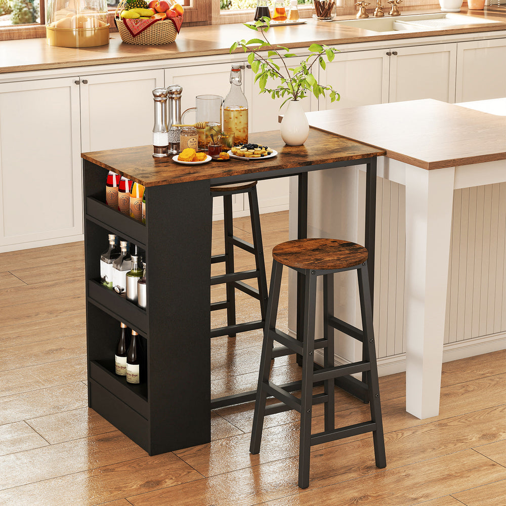 Bar table set with storage featuring a rustic wood top, black frame, and two stools, perfect for kitchen dining.
