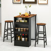 Bar table set featuring a rustic wood top, two stools, and three open shelves for storage, perfect for dining or.