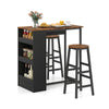 Bar table set featuring a wood top and black frame with 3 open shelves, perfect for kitchen or dining use.