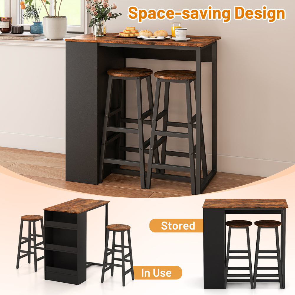 Bar table set with storage featuring a sturdy design, two stools, and a smooth wood surface for easy cleaning.