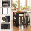 Bar table set with storage shelves, sturdy metal frame, and two chairs, perfect for kitchen or dining room use.