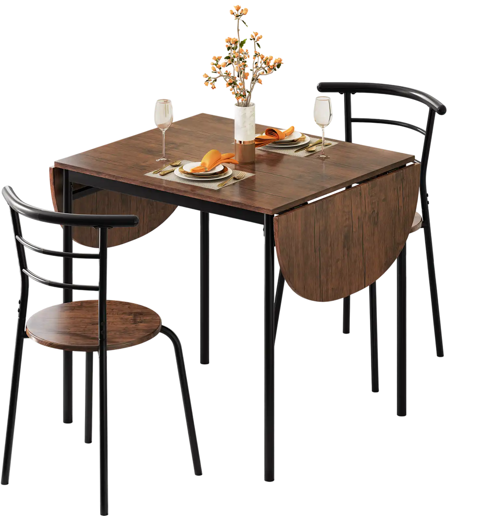 Drop leaf dining table with two ergonomic chairs in brown, perfect for small spaces and modern kitchens.