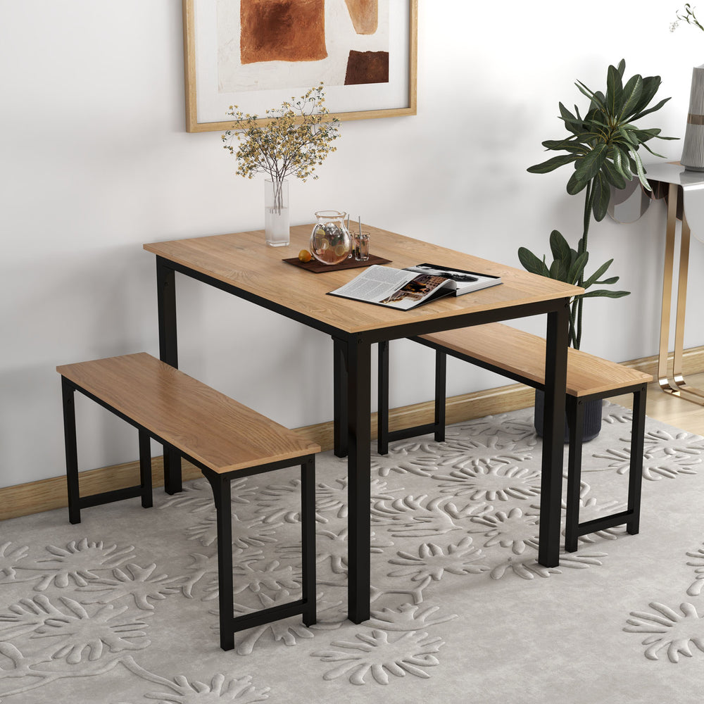 3 Pieces Dining Table Set with 2 Benches for Dining Room Kitchen Bar-Natural - Gallery View 1 of 10