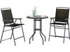 Outdoor bar stool set featuring black chairs and a DPC tabletop with umbrella hole, perfect for poolside relaxation.