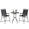 Outdoor bar stool set featuring two black chairs and a DPC tabletop with an umbrella hole, perfect for poolside.